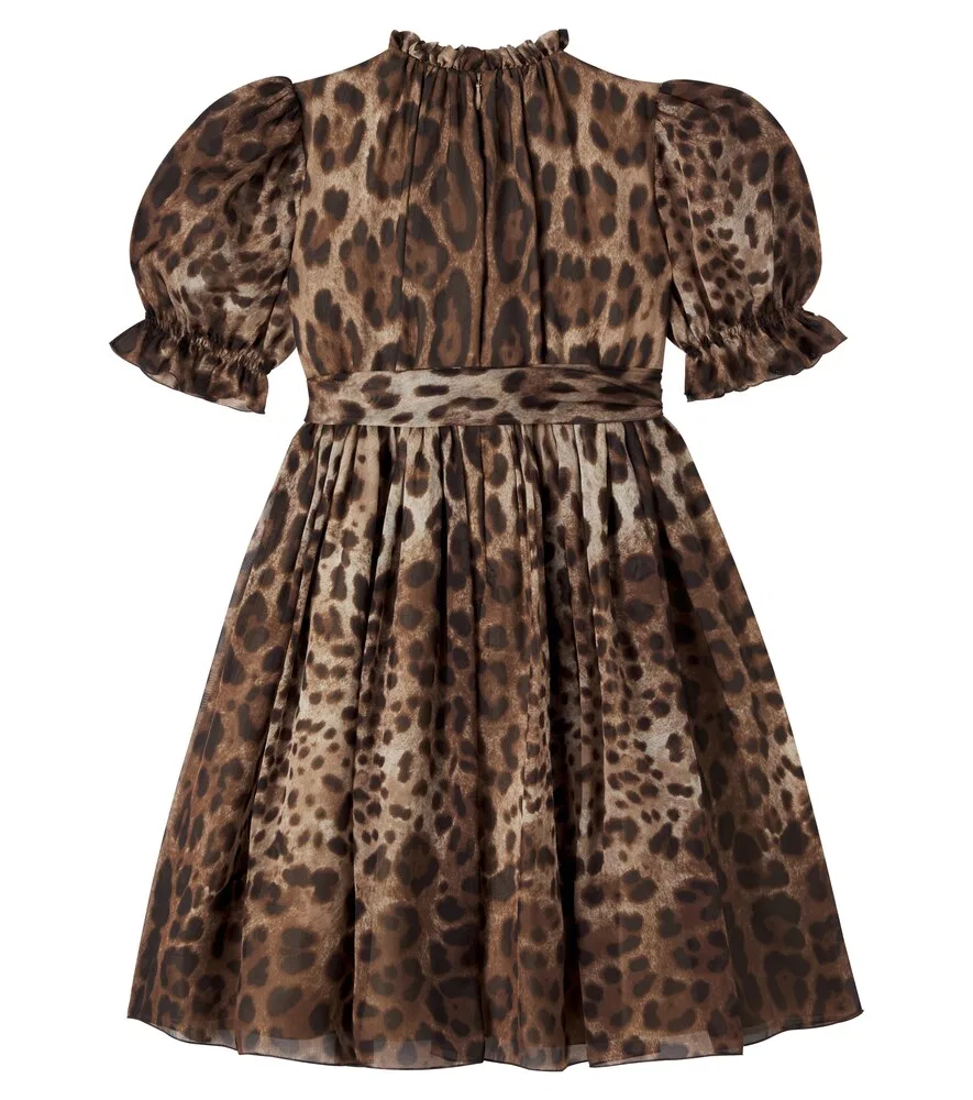 Шелковое шифоновое платье с леопардовым принтом Dolce&Gabbana Kids, коричневый — фото 3