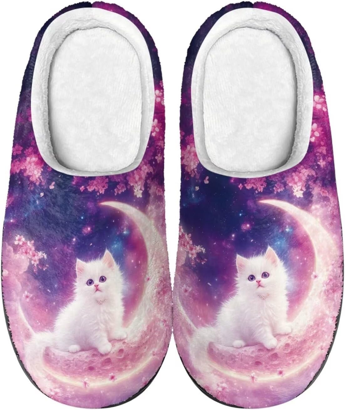 

Тапочки Xpyiqun для женщин и мужчин, домашние слипоны, пушистые теплые зимние тапочки, размер 4-12, Galaxy Cat Cherry Blossom Moon