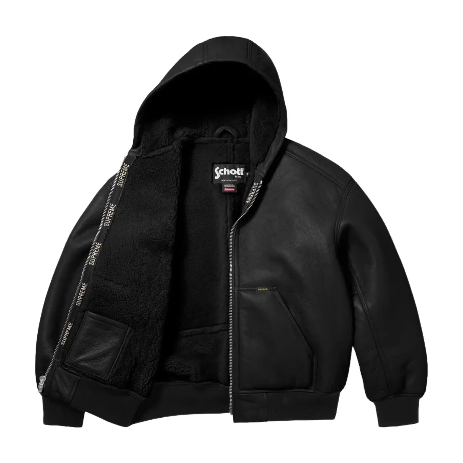 Рабочая куртка Supreme FW25 x Schott с капюшоном из овчины, черная — фото 2