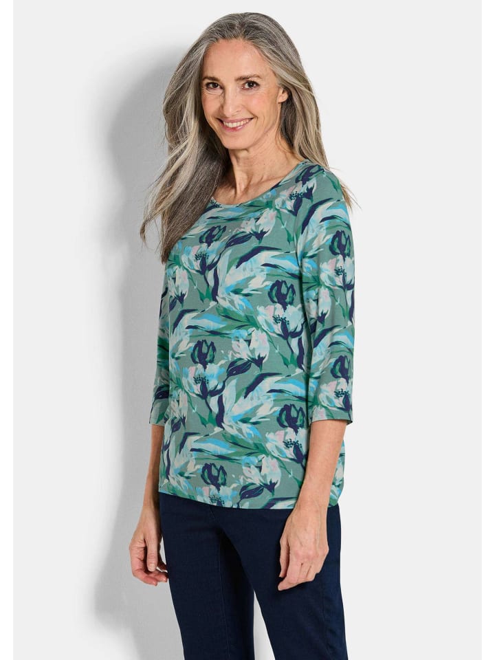 

Блузка-рубашка, вискозная рубашка, с цветочным принтом, вырезом-лодочкой, темно-синего цвета / с узором GOLDNER