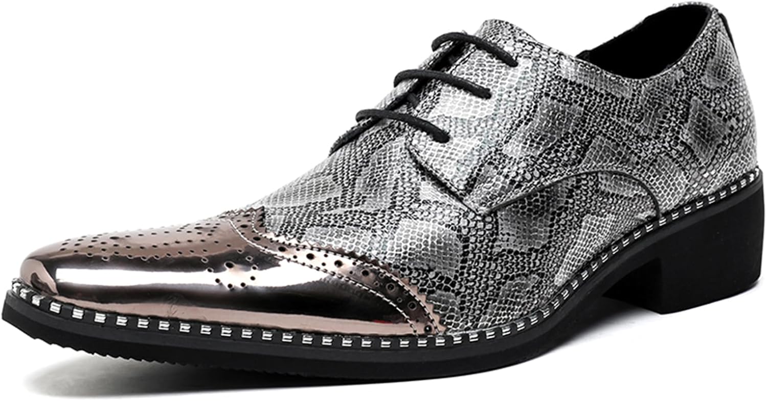 

Мужские кожаные туфли-оксфорды со змеиным узором, шнуровкой, массивным каблуком и металлическим заостренным носком, легкие мягкие дерби для официальных свадеб, вечеринок и клубных мероприятий Abborora, серебро