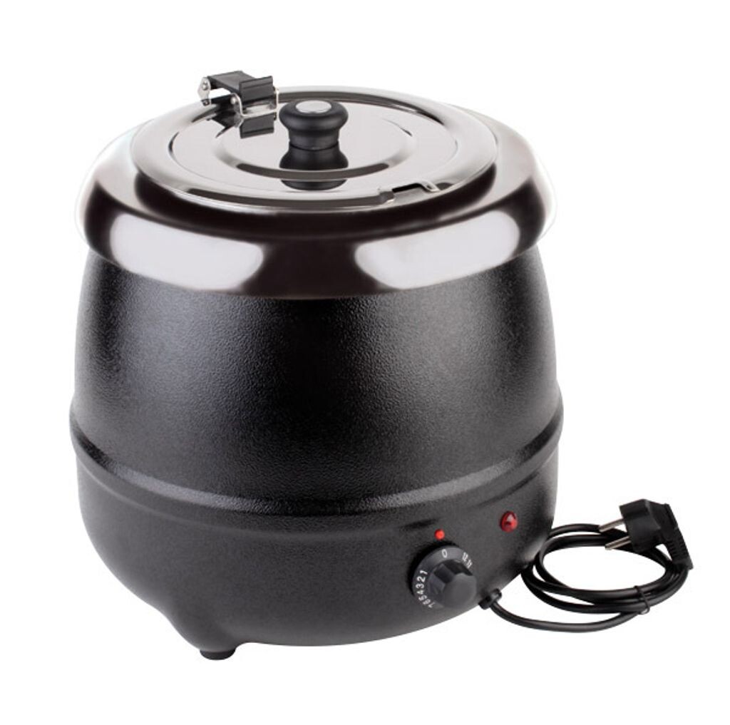 

APS Electric Stockpot Economic, 9 литров, 30°C - 90°C, съемная вставка из нержавеющей стали, вращающаяся и складная крышка с углублением для ложки, 8 этикеток, 400 Вт / 230 В, черный лак