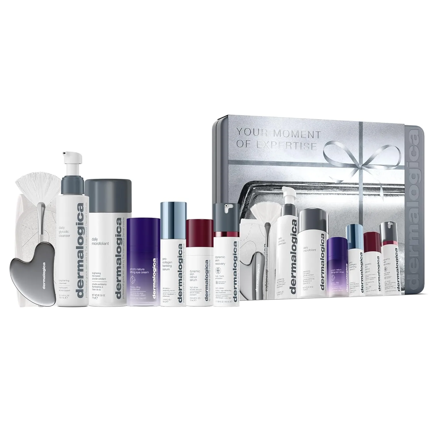 Набор для ухода за кожей экспертного уровня Dermalogica Your Moment of Expertise включает 6 средств, повязку на голову, массажер гуаша и веерную кисть.