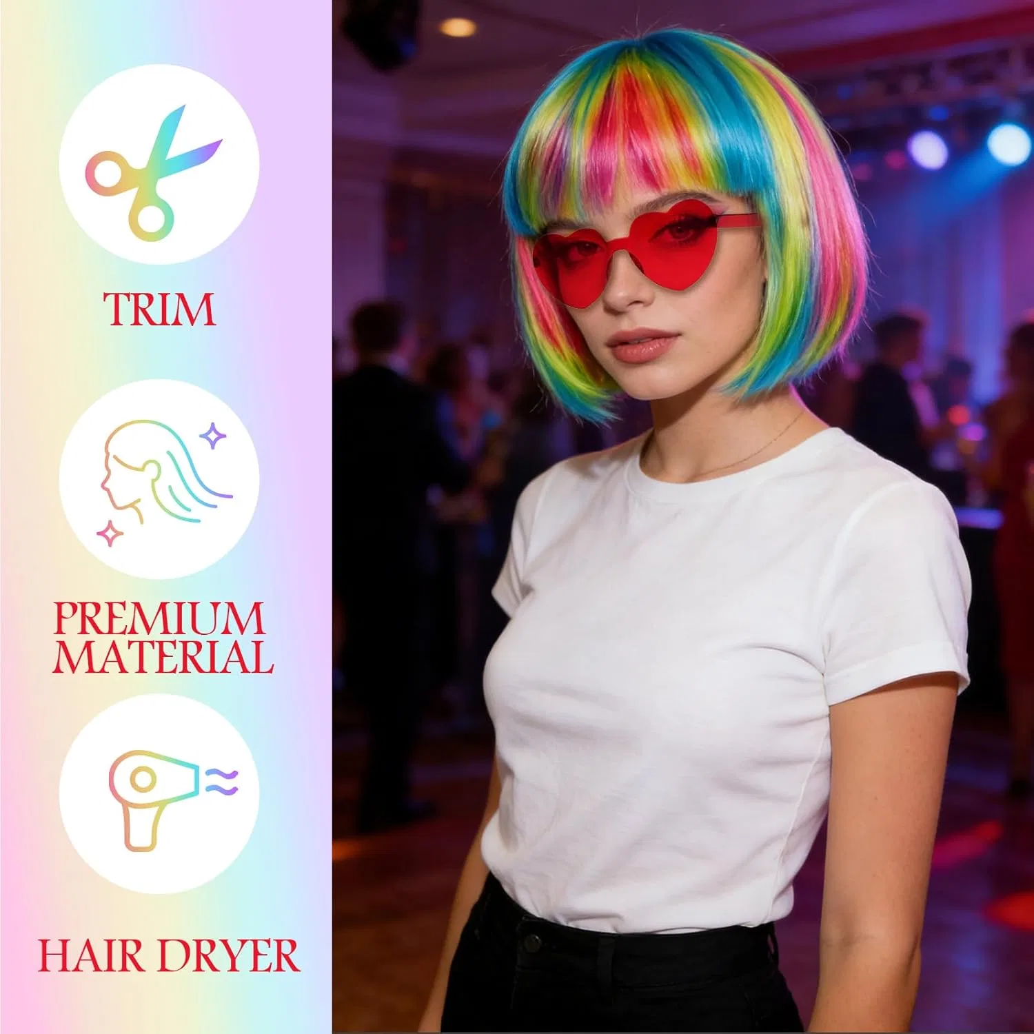Набор: разноцветный парик-каре и солнцезащитные очки ‎Gyiofai, Rainbow — фото 4