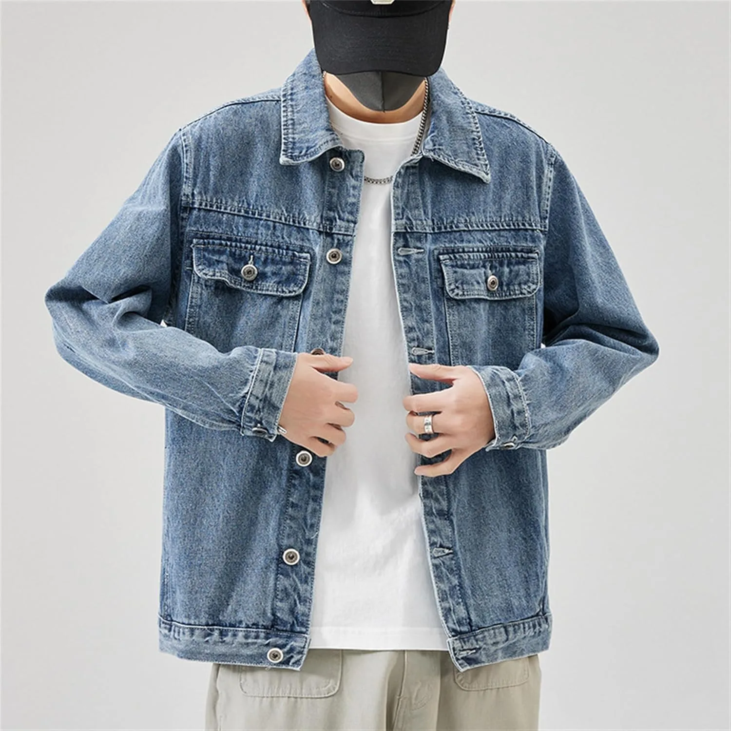 Мужской винтажный джинсовый пиджак Regular Fit, свободный джинсовый жакет на пуговицах, мужская куртка-тракер Generic, синий — фото 4