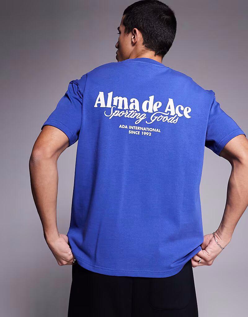 

Футболка Alma De Ace с принтом логотипа на спине, плотностью 240 г/м², синяя, с потертостями