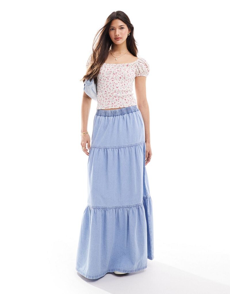 

Ярусная юбка макси из шамбре Miss Selfridge кислотно-синего цвета