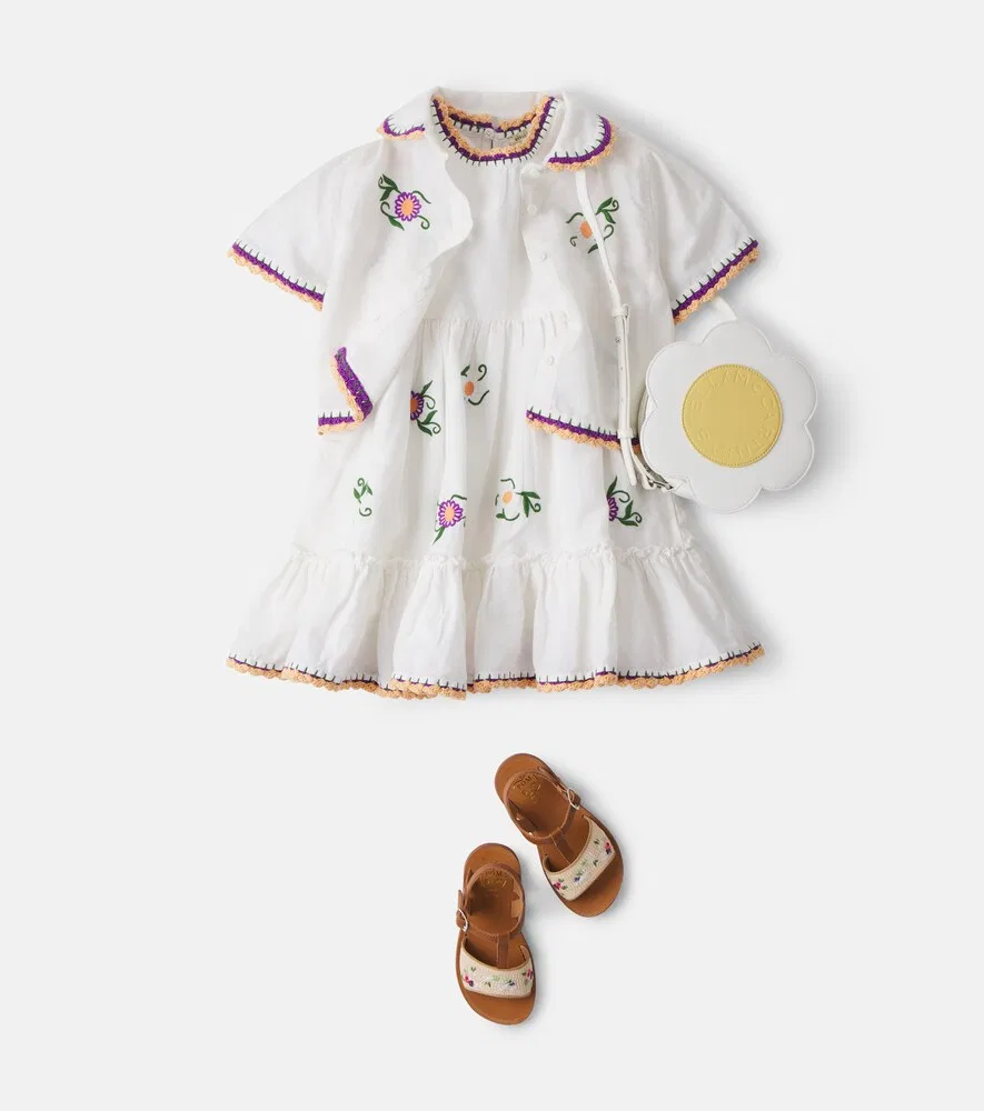 Платье из вышитого льна и хлопка Stella McCartney Kids, белый — фото 2