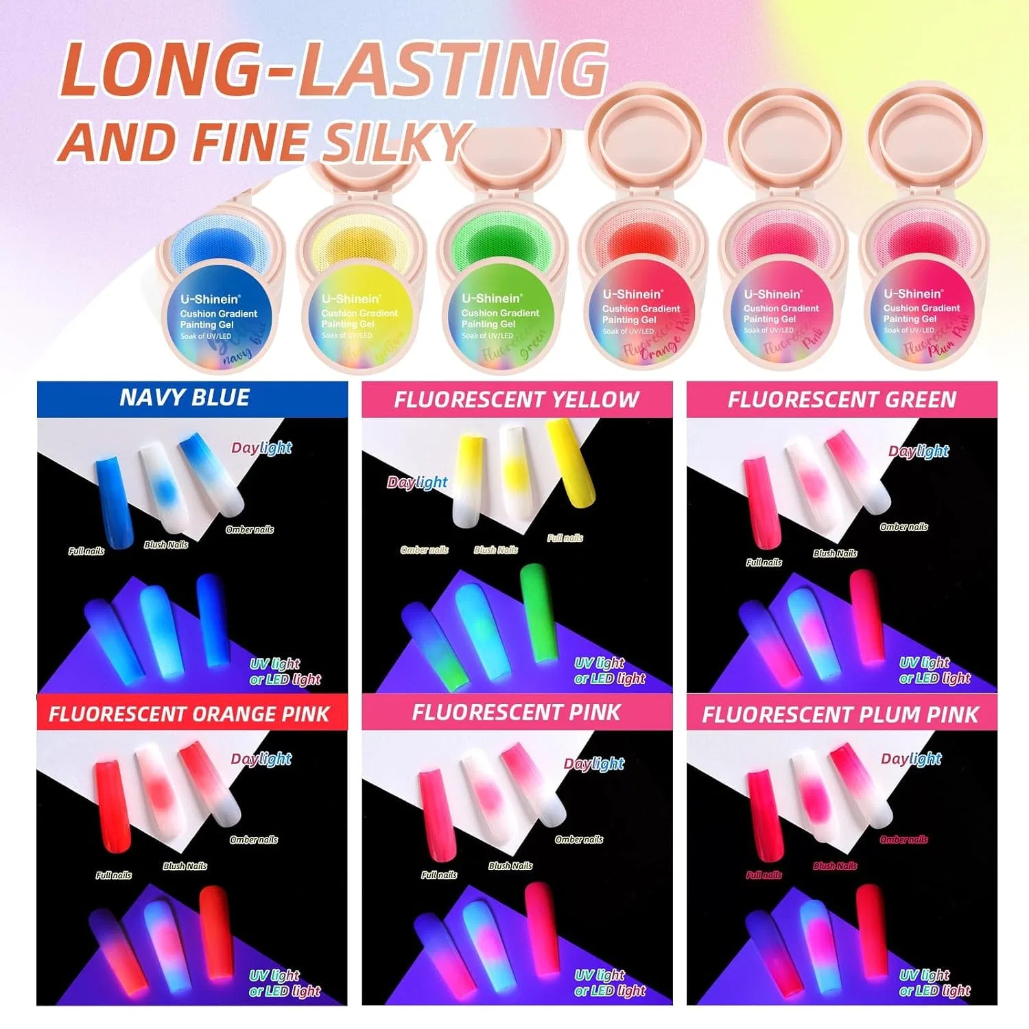 Набор гелей для градиентного дизайна ногтей Cushion Gradient Painting Gel Kit, 6 цветов U-Shinein, Set 02 — фото 4