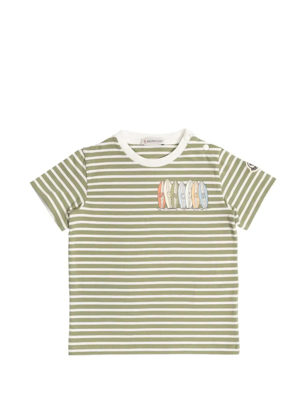 Хлопковая футболка в полоску с графичным принтом Moncler Enfant, зеленый