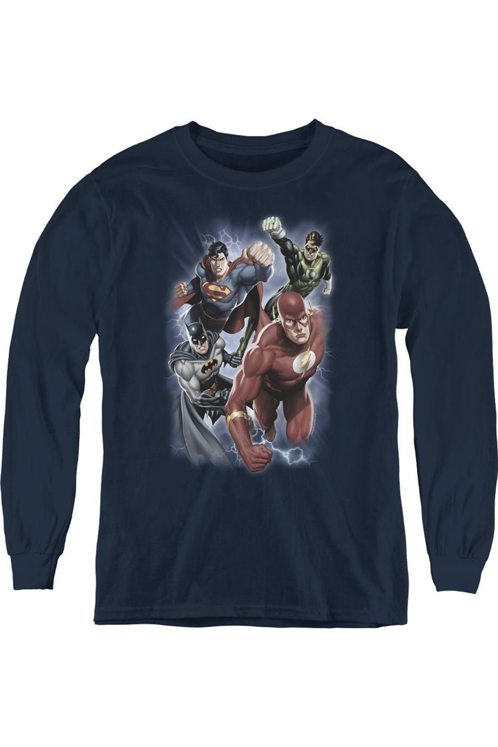 

Футболка с длинным рукавом для детей "Лига справедливости Америки: Охотники за бурями" Gildan, темно-синий