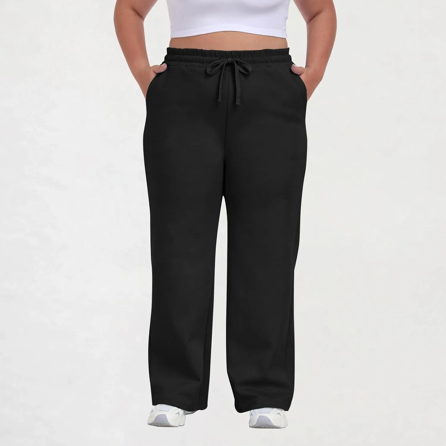 Plus Size спортивные штаны для женщин с формами с эластичным поясом и шнурком, прямые, удобные, для повседневной носки и тренировок Generic, черный — фото 3