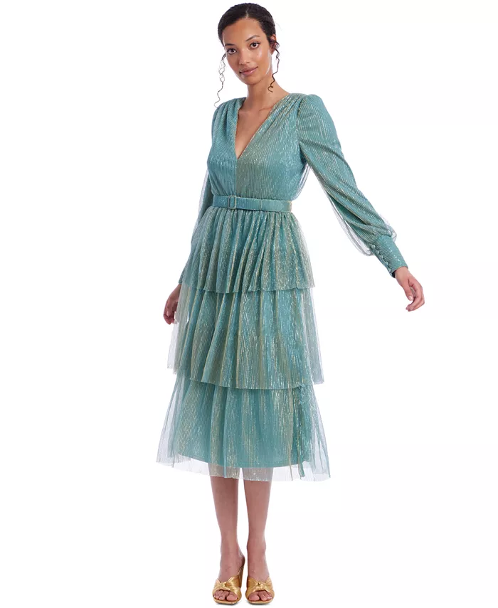 

Женское многоярусное платье миди Jewel Badgley Mishka с металлическим блеском Jewel Badgley Mischka, зеленый