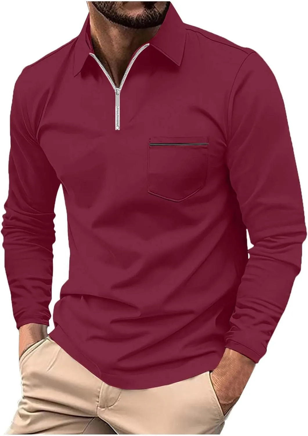 

Мужская рубашка-поло с длинным рукавом и воротником-стойкой, Regular Fit, с карманом