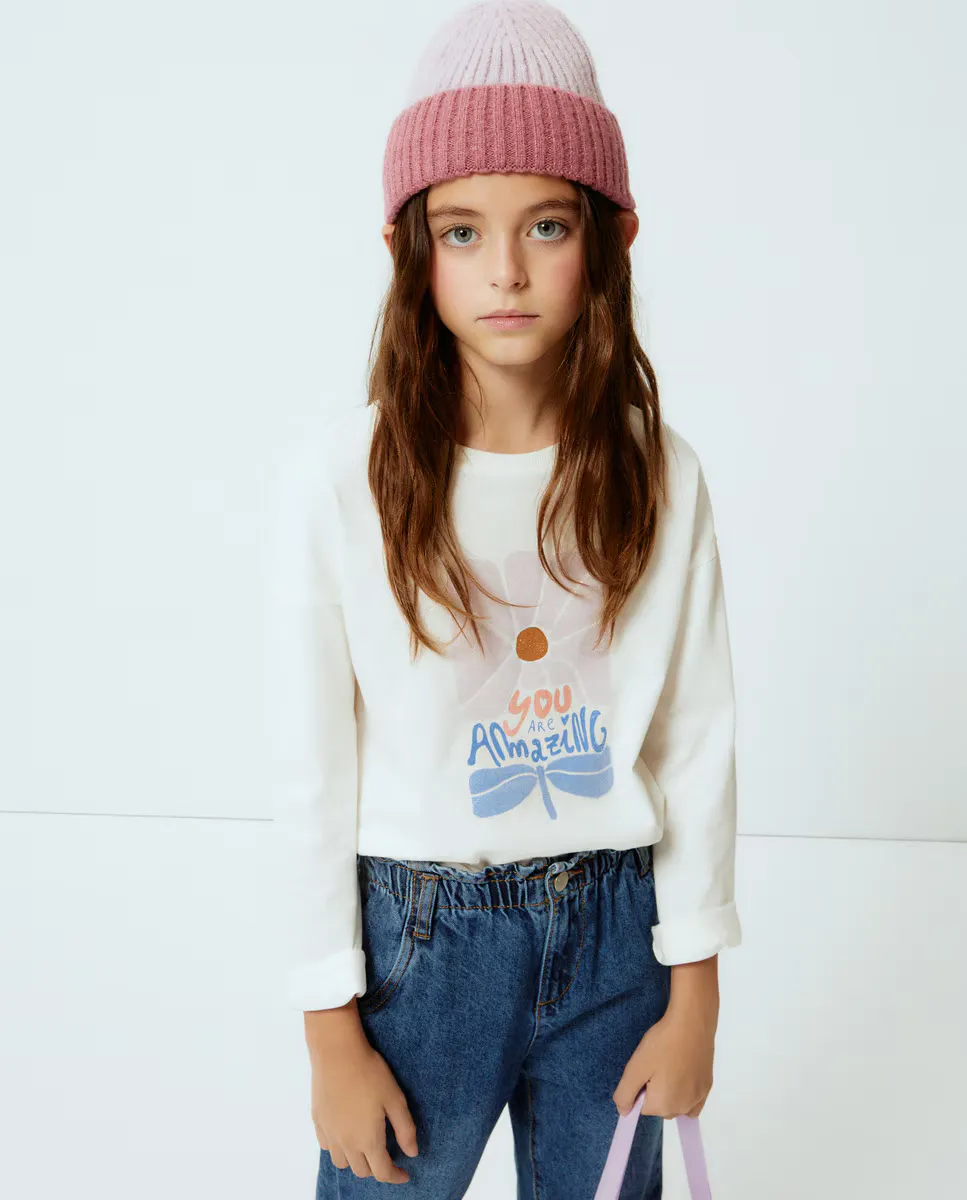 

Футболка с длинными рукавами и мелким флоком на груди Kids El Corte Inglés, цвет Blanco roto