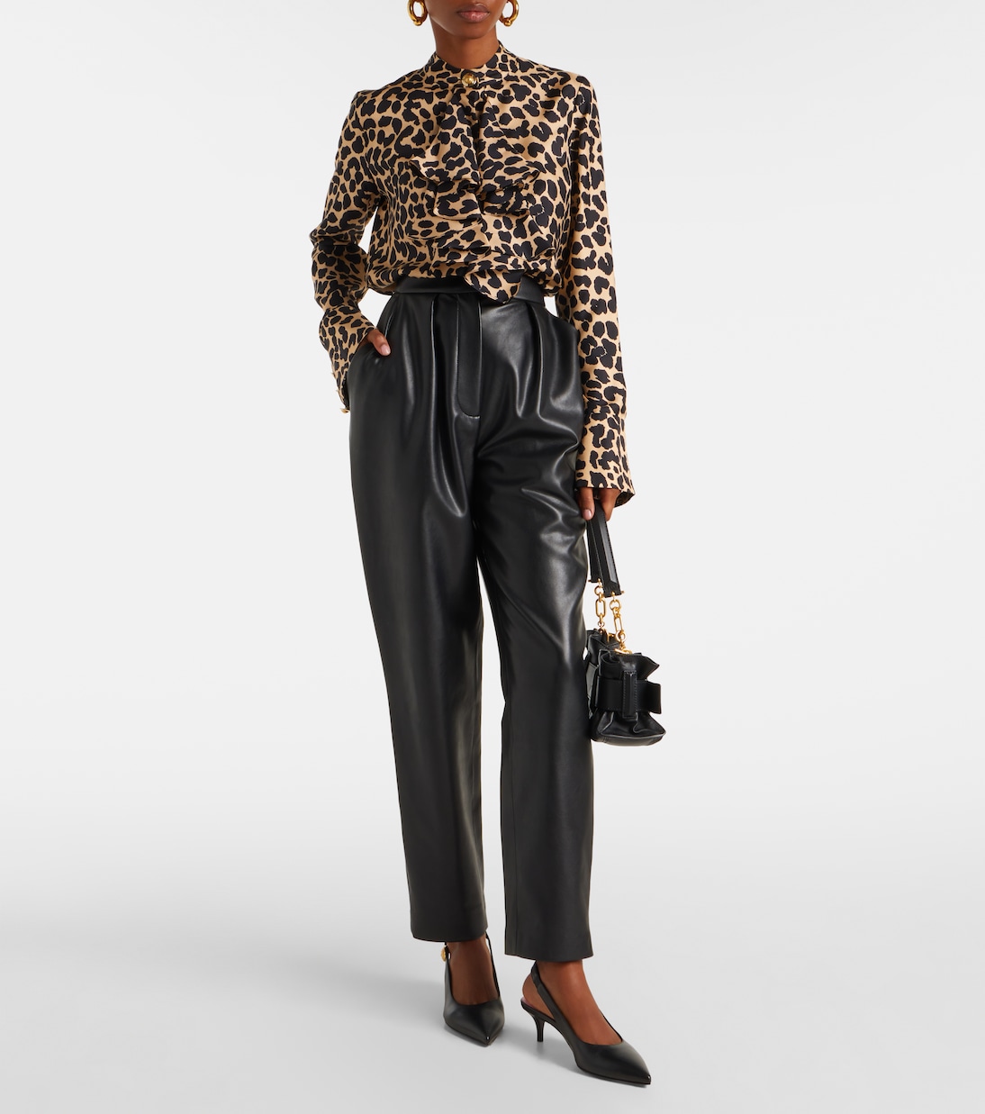 Шелковая рубашка с леопардовым принтом и оборками Balmain, Beige/Noir — фото 2