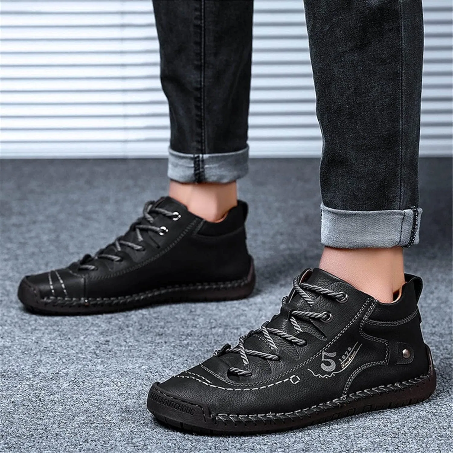 Туфли Mens Shoes Fashion Summer Autumn Mens Leather Shoes Flat Soft Bottom Comfortable Mid High Lace Up Casual Formal Shoes for Men Generic, Schwarz — фото 3