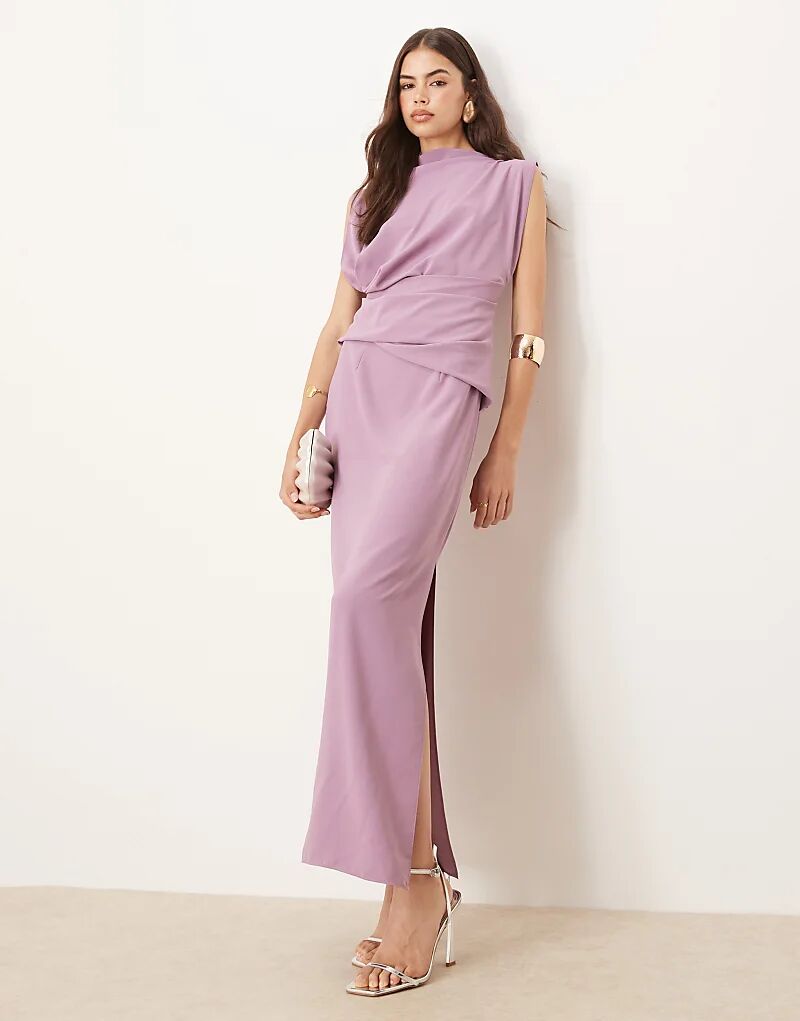 

Платье миди ASOS DESIGN Tall с высоким воротом, драпировкой и складками, виноградного цвета Asos Tall