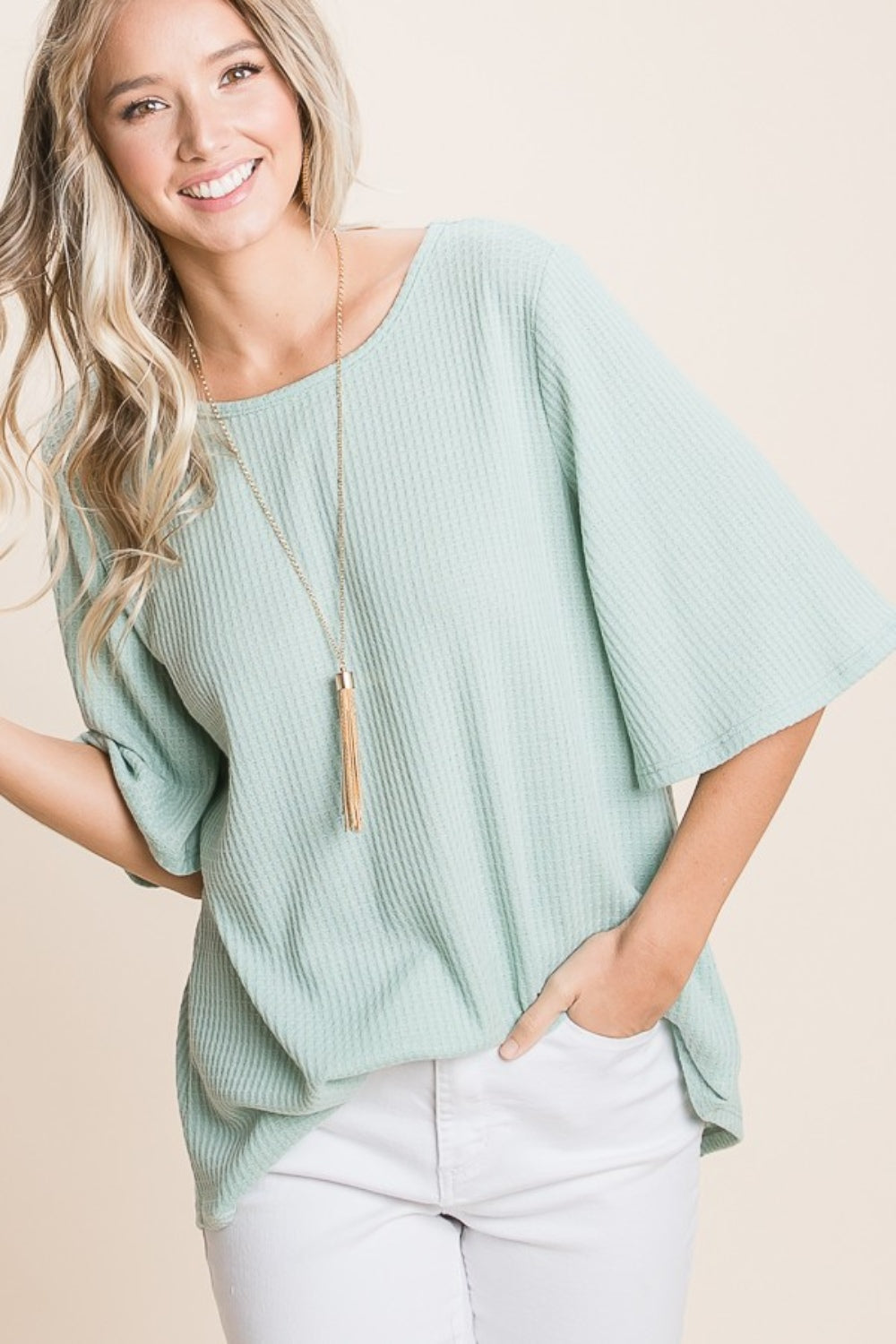 

Футболка с вафельным узором и круглым вырезом FASHNZFAB, цвет sage