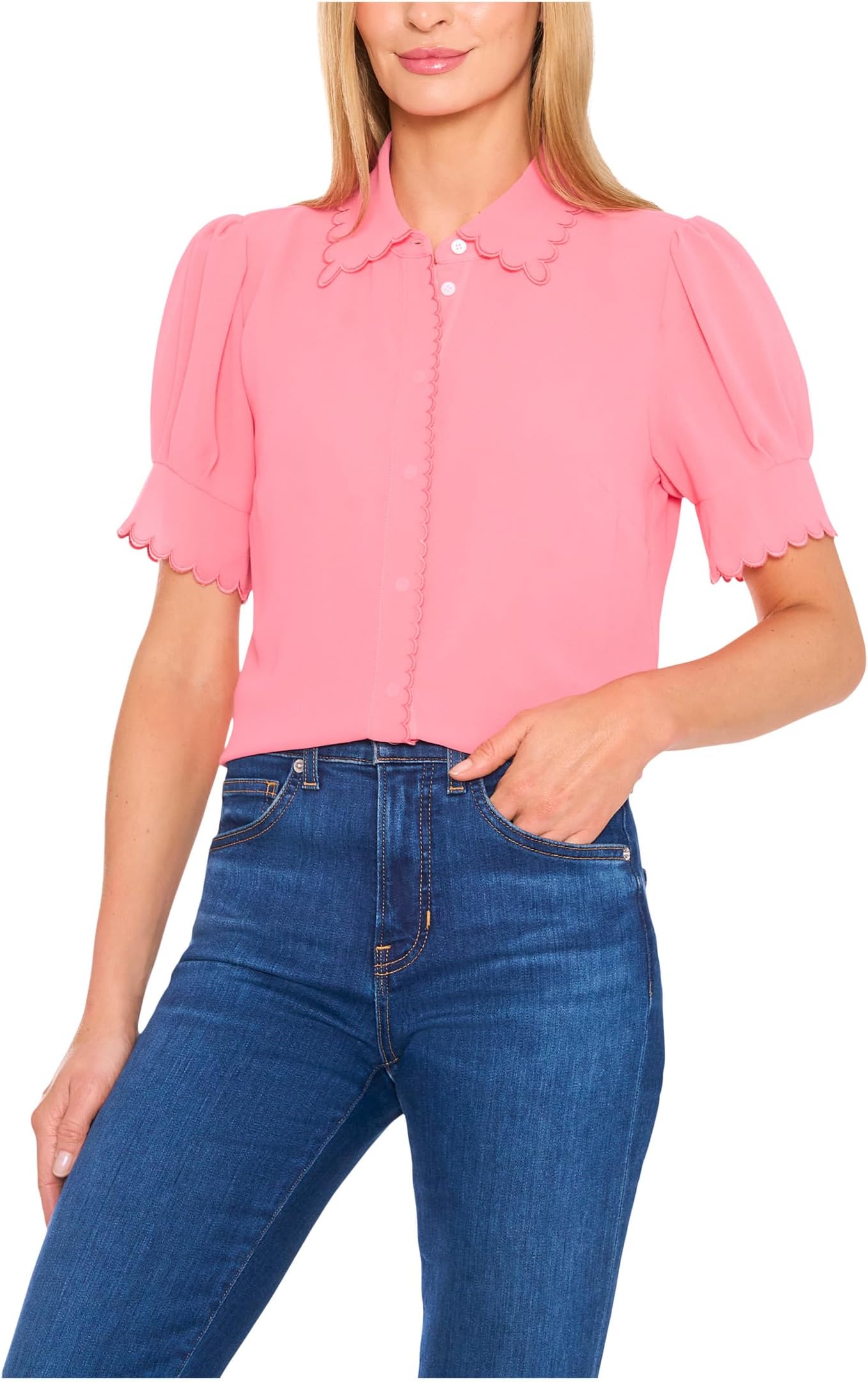 

Женская блузка с коротким рукавом, фестончатым воротником и манжетами, застегивающаяся на пуговицы CeCe, Confetti