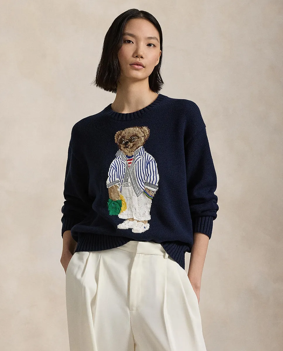 

Женский хлопковый свитер с принтом Polo Bear спереди Polo Ralph Lauren, тёмно-синий