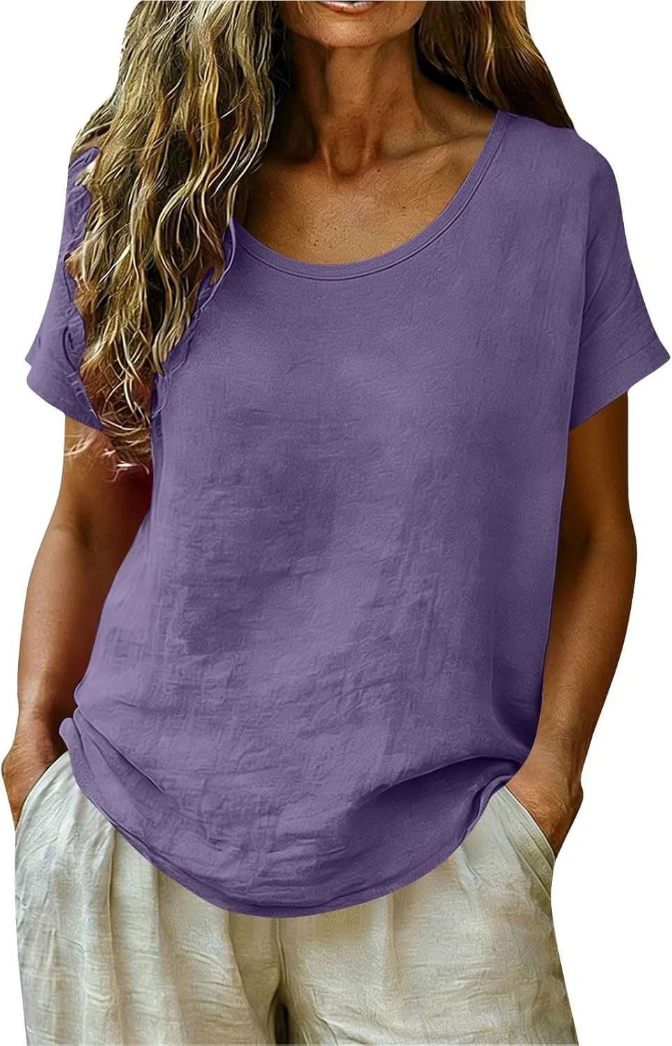 Футболка женская из хлопка и льна, короткий рукав, Purple