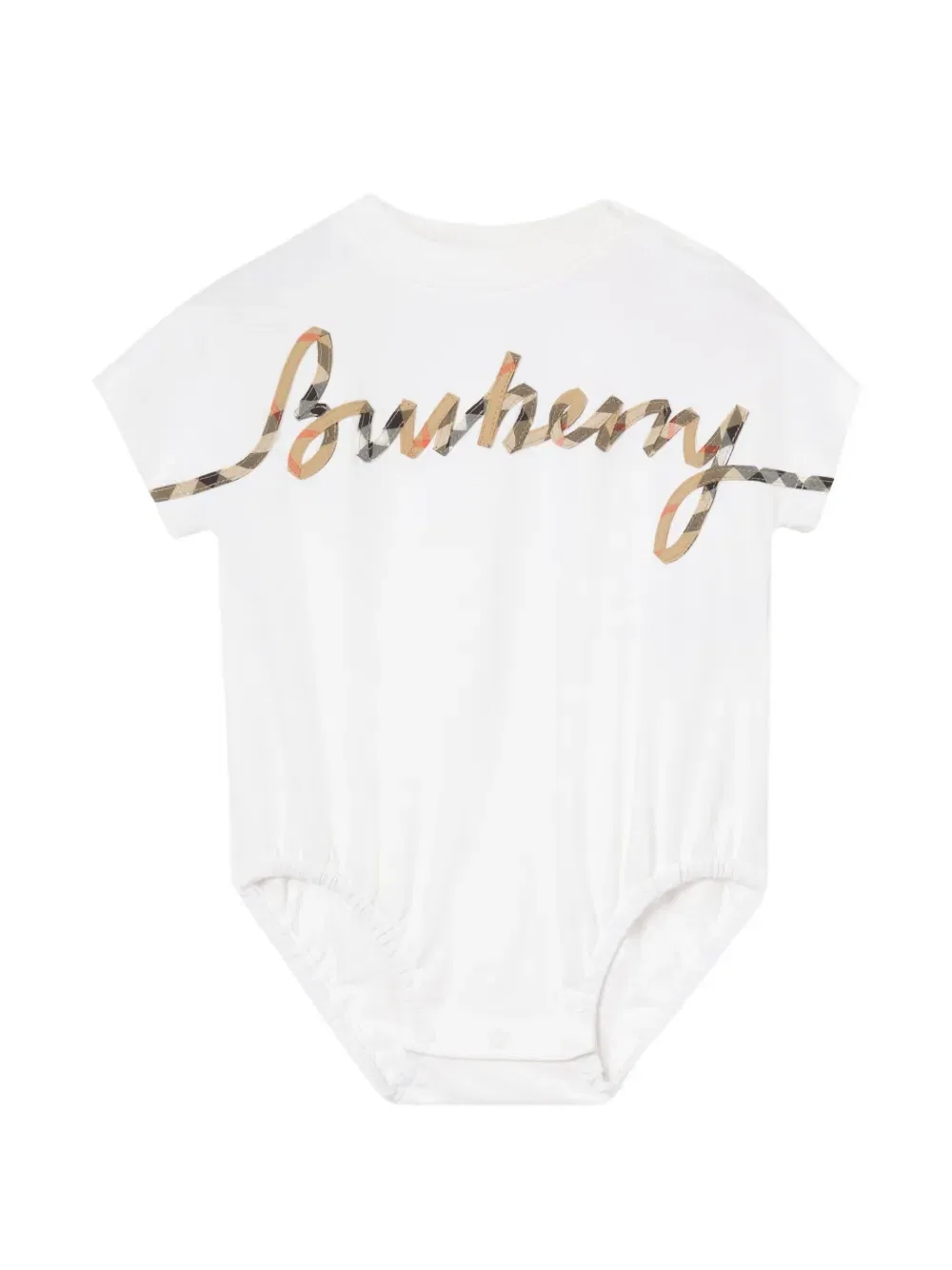 Хлопковый боди с клетчатым логотипом, выполненным курсивом Burberry Kids, белый