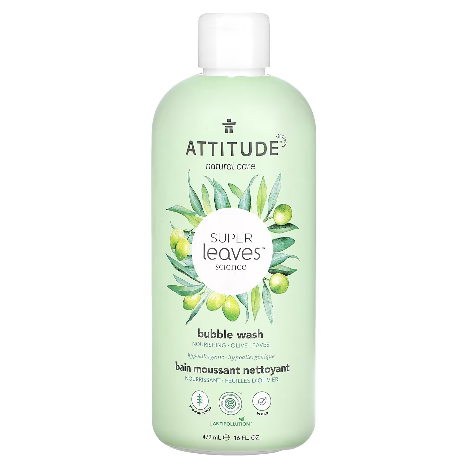 

ATTITUDE Super Leaves Science Bubble Wash с оливковыми листьями, 16 жидких унций (473 мл)