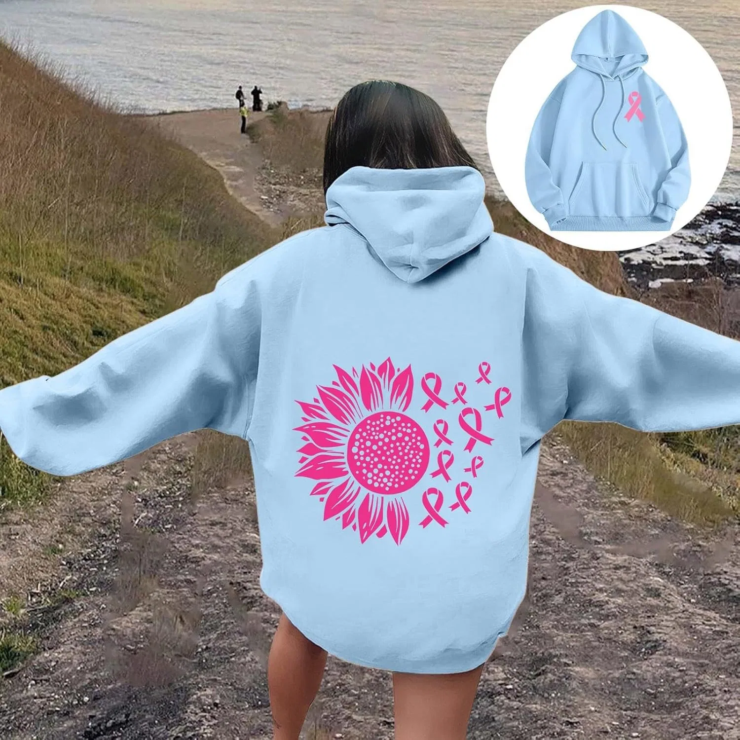 Женская худи с капюшоном Breast Cancer Awareness Rainbow Graphic Zip Up, Sky Blue 1 — фото 2