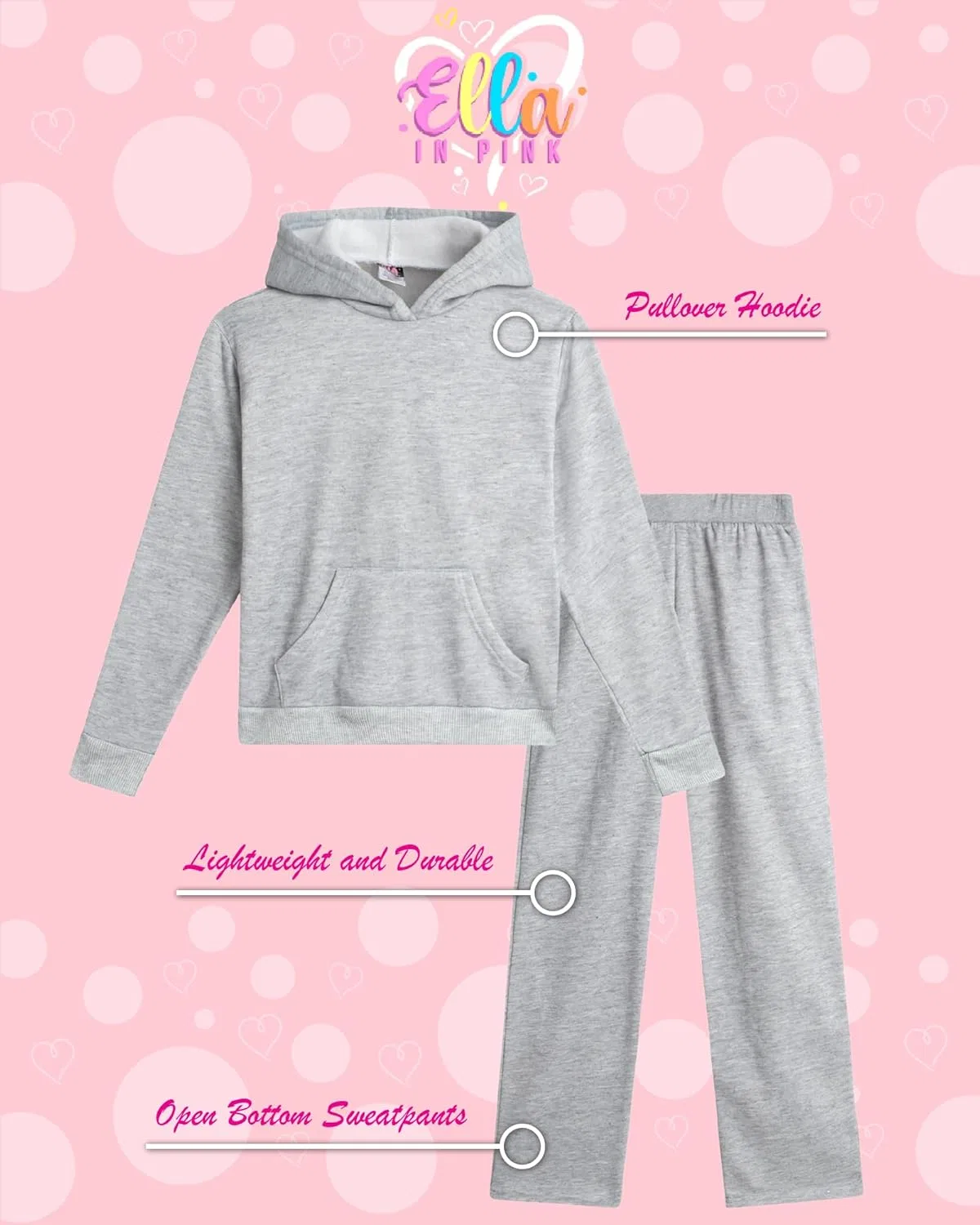 Детский спортивный костюм из флиса ELLA IN PINK, джоггеры с широкими штанинами и худи, Heather Grey — фото 2