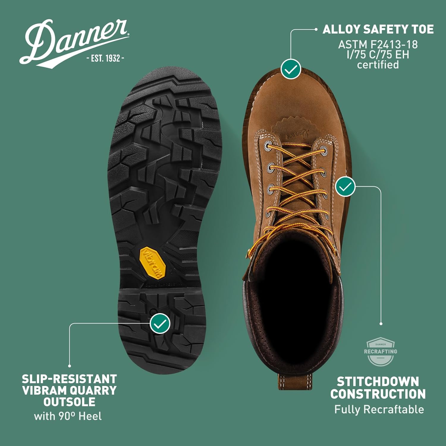 Мужские ботинки Danner 8 Quarry USA с водонепроницаемым сплавным носком - из кожи высокого качества с подкладкой Gore-Tex и подошвой с протектором, устойчивые к электрическому напряжению, коричневый — фото 4