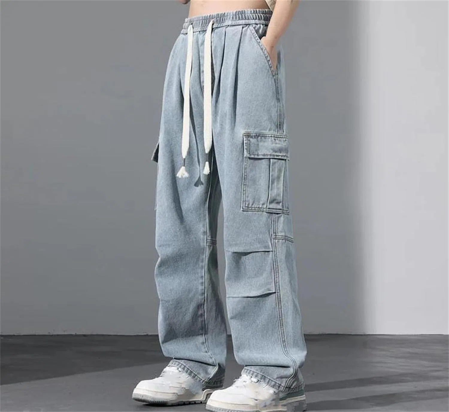 Джинсы свободные Men's Large Pocket Baggy Jeans Classic Straight Denim Trousers with Streetwear Elastic Waist, синие — фото 2