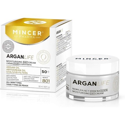 

Mincer Pharma Argan Life 50+ Увлажняющий, омолаживающий, защитный дневной крем против старения для всех типов кожи с аргановым маслом, абиссинским маслом, фильтрами UVA и UVB 50мл, Mincer Est. Pharma 1989