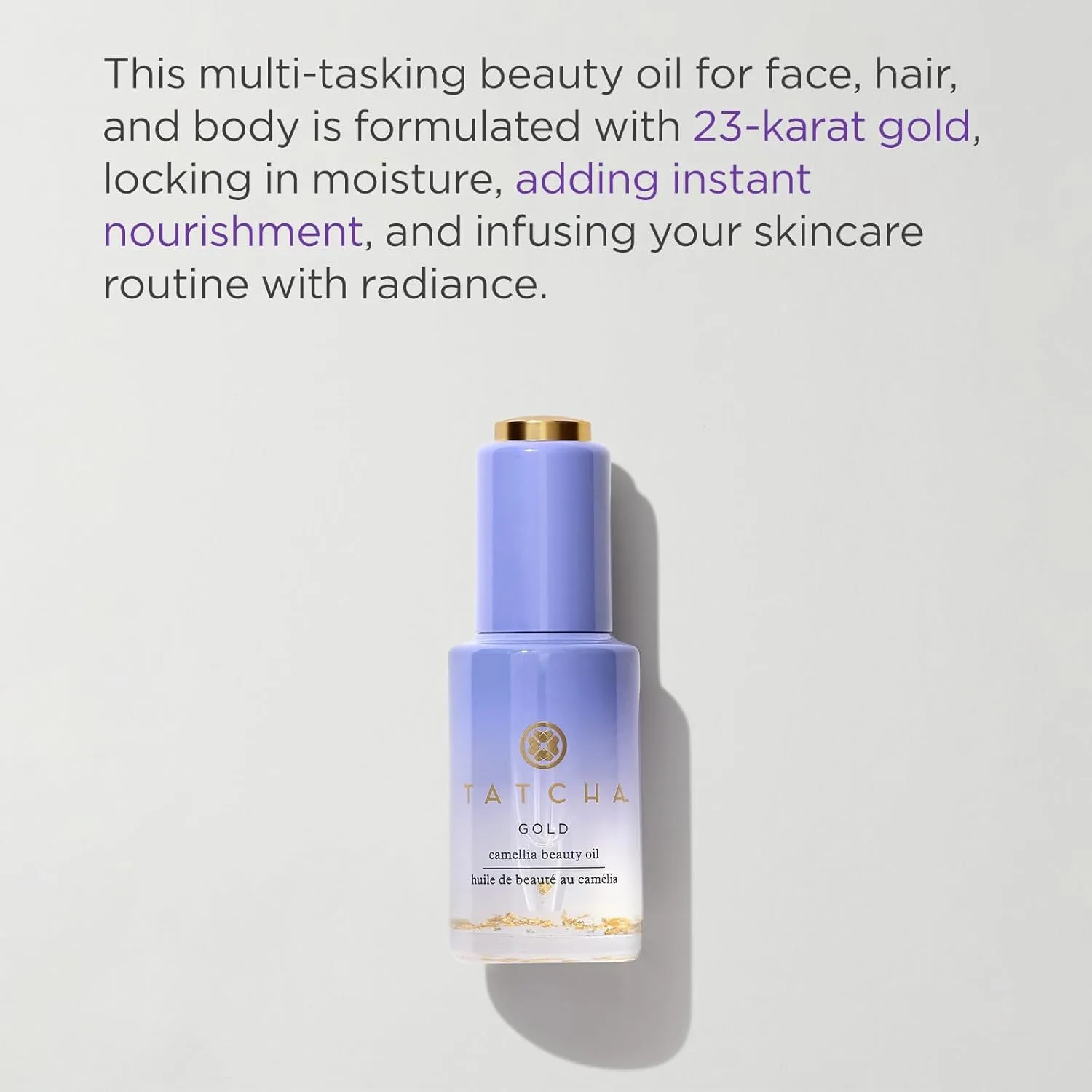 Увлажняющее масло для лица, тела и волос TATCHA Gold Camellia Beauty Oil с хлопьями 23-каратного золота | 30 мл / 1 унция 29,6 мл (1 шт.), gold — фото 2