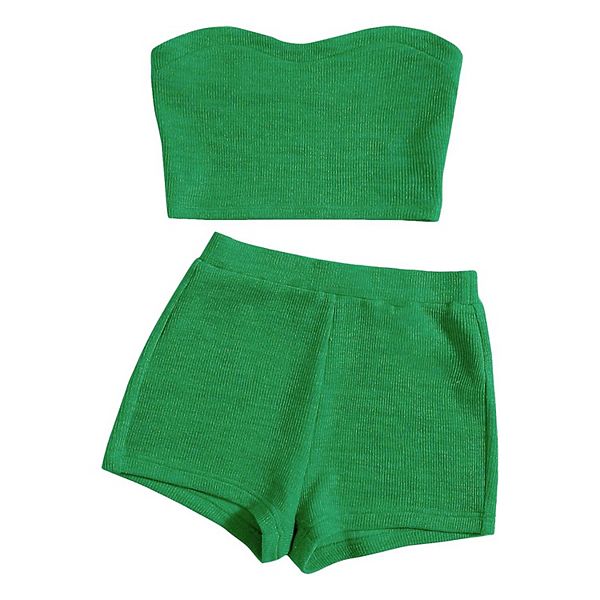 

Женский комплект из вязаного топа-бюстье и шорт Kojooin, Green