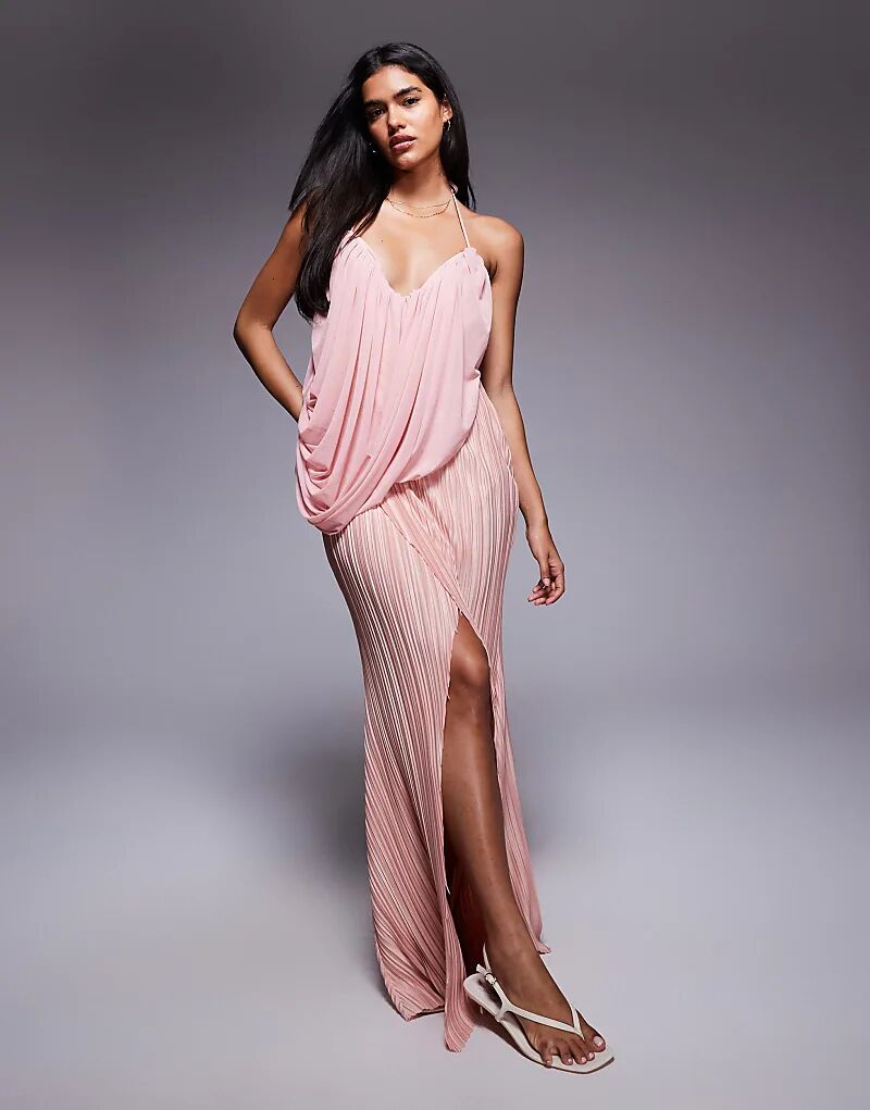 

Платье макси ASOS DESIGN премиум-класса с плиссированной драпировкой и вырезом на перекрестных бретелях, светло-розового цвета