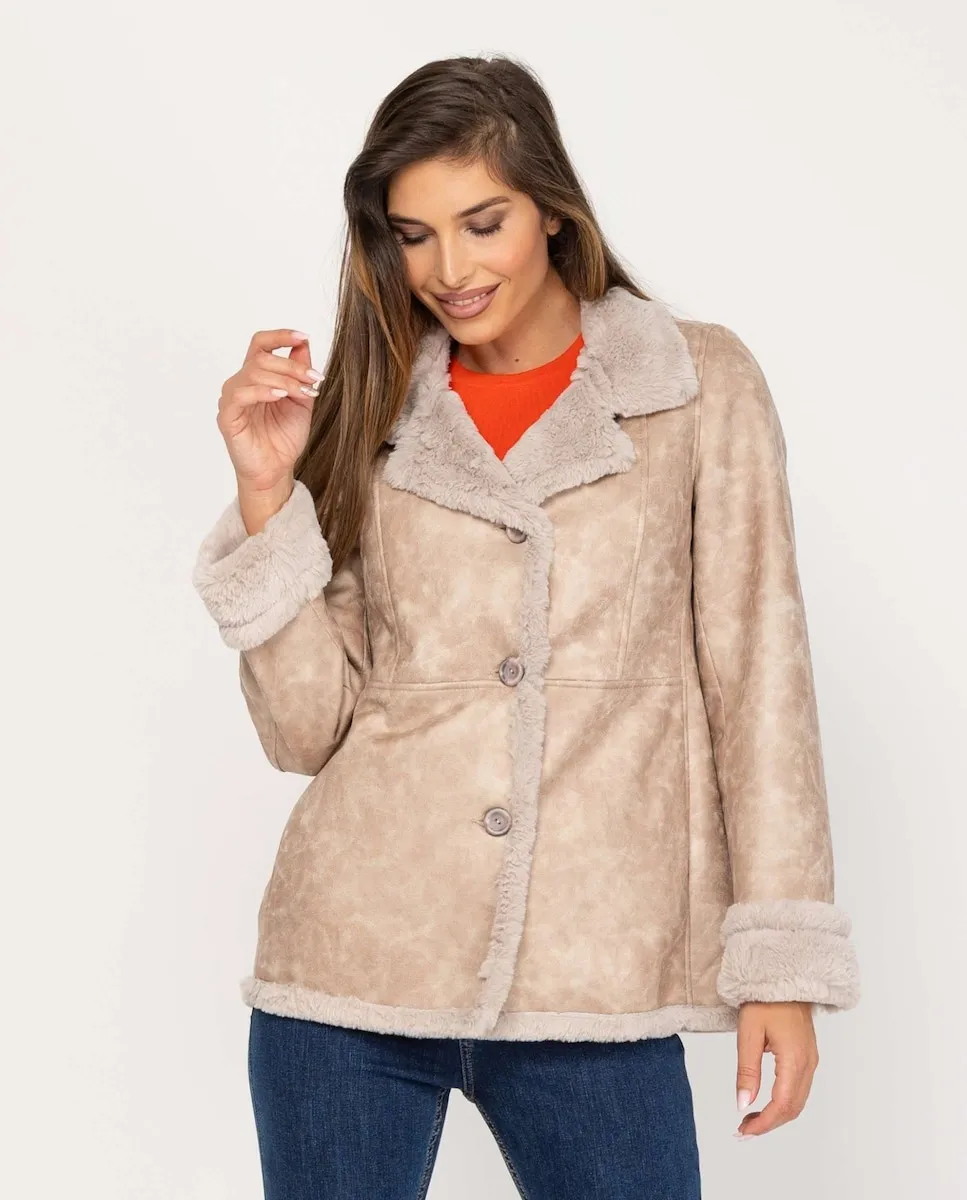 

Женское короткое двустороннее пальто с мехом и отложным воротником Fsh, бежевый