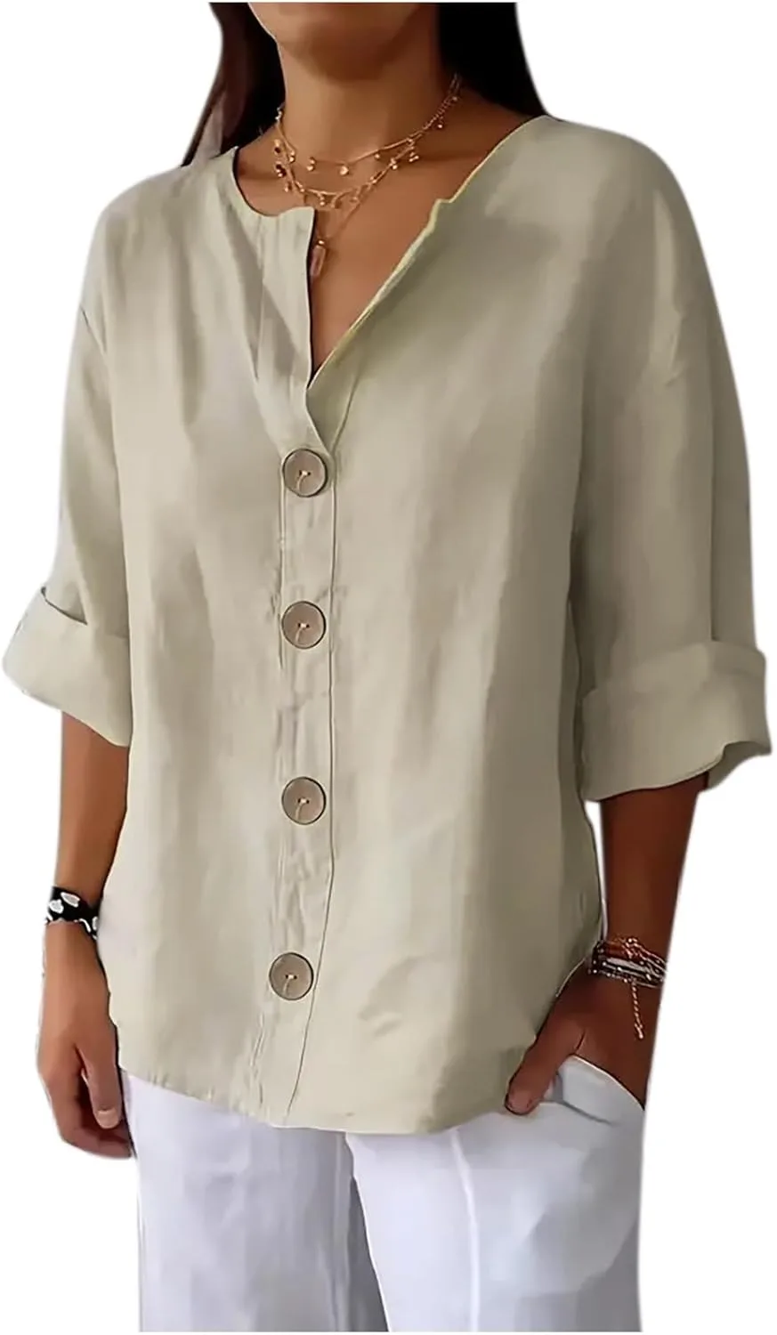 

Женская льняная рубашка с пуговицами и V-образным вырезом