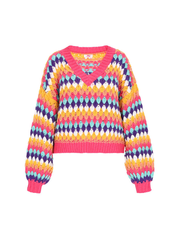 

Женский свитер розового цвета с разноцветными вставками myMo