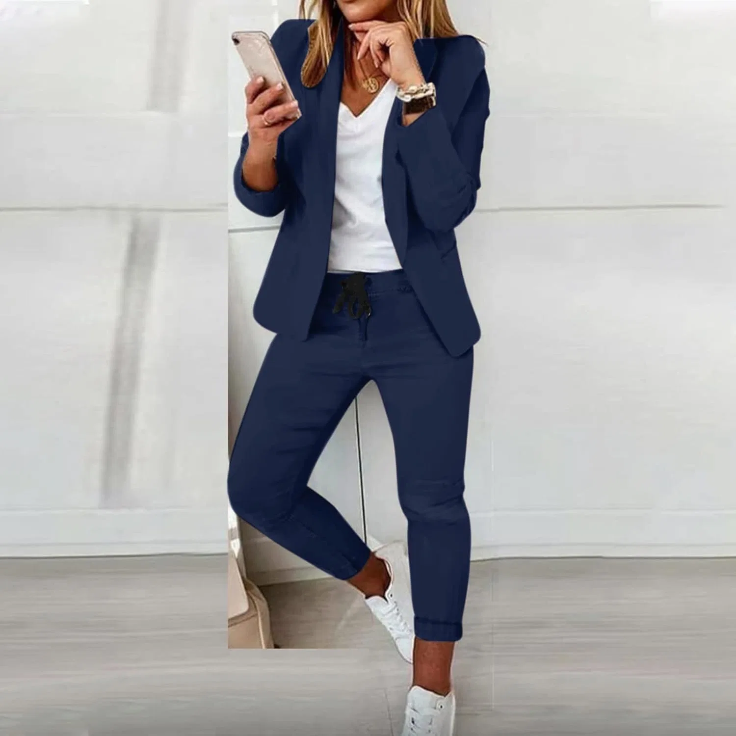 Женский костюм-двойка, пиджак и брюки, Business Casual, Generic, C-dark Blue — фото 4
