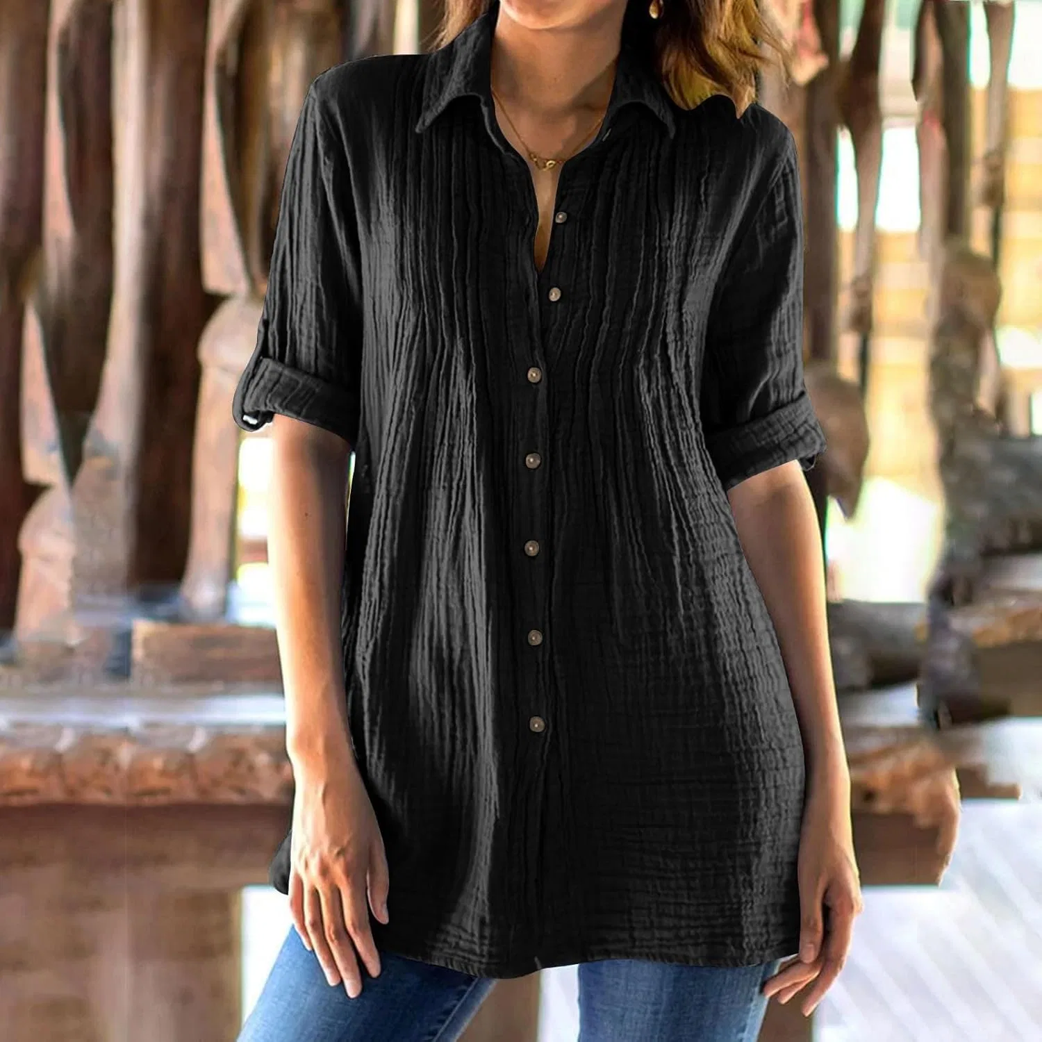 Generic Женские льняные рубашки на пуговицах, модные туники с фактурной отделкой, элегантные рубашки с рукавами 3/4, свободные рубашки, повседневная одежда для пляжа и путешествий, черный — фото 2