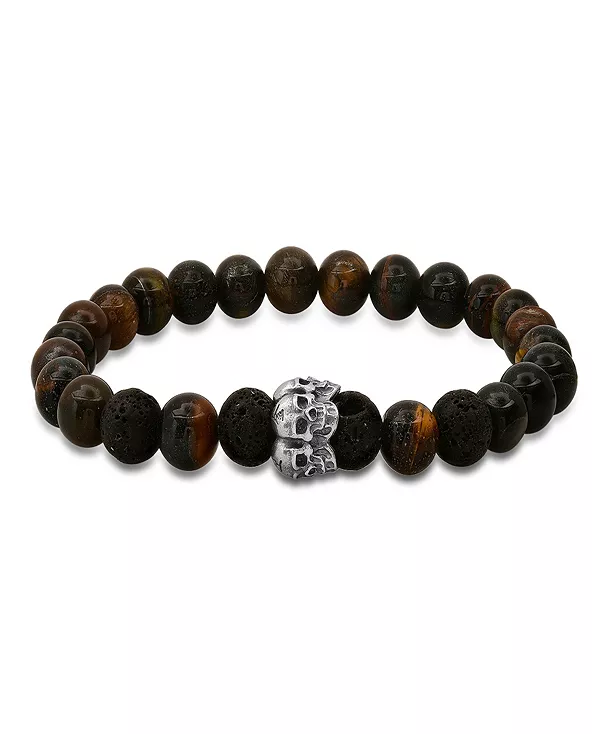 

Мужской эластичный браслет с бусинами в виде черепа из стерлингового серебра, тигрового глаза и черной лавы Steeltime, black