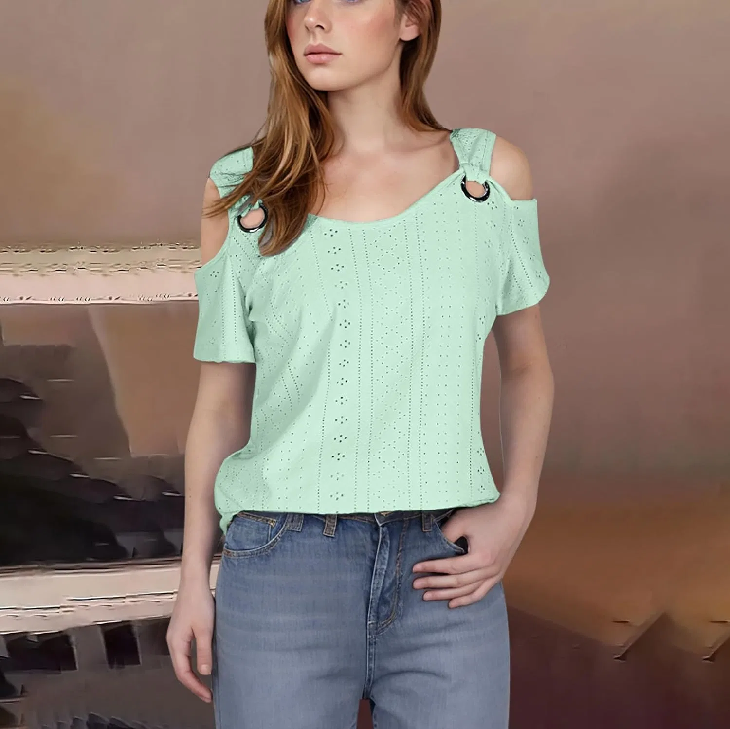Футболка с вырезом горловины, кружевная, женская, Mint Green — фото 2