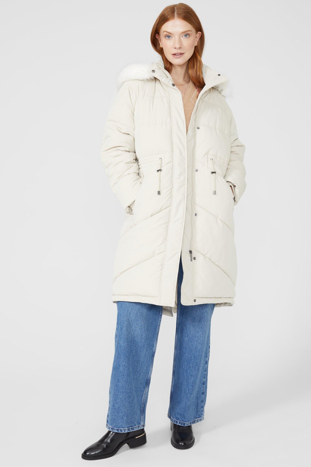 

Длинное стеганое пальто с меховой отделкой на капюшоне Debenhams, белый