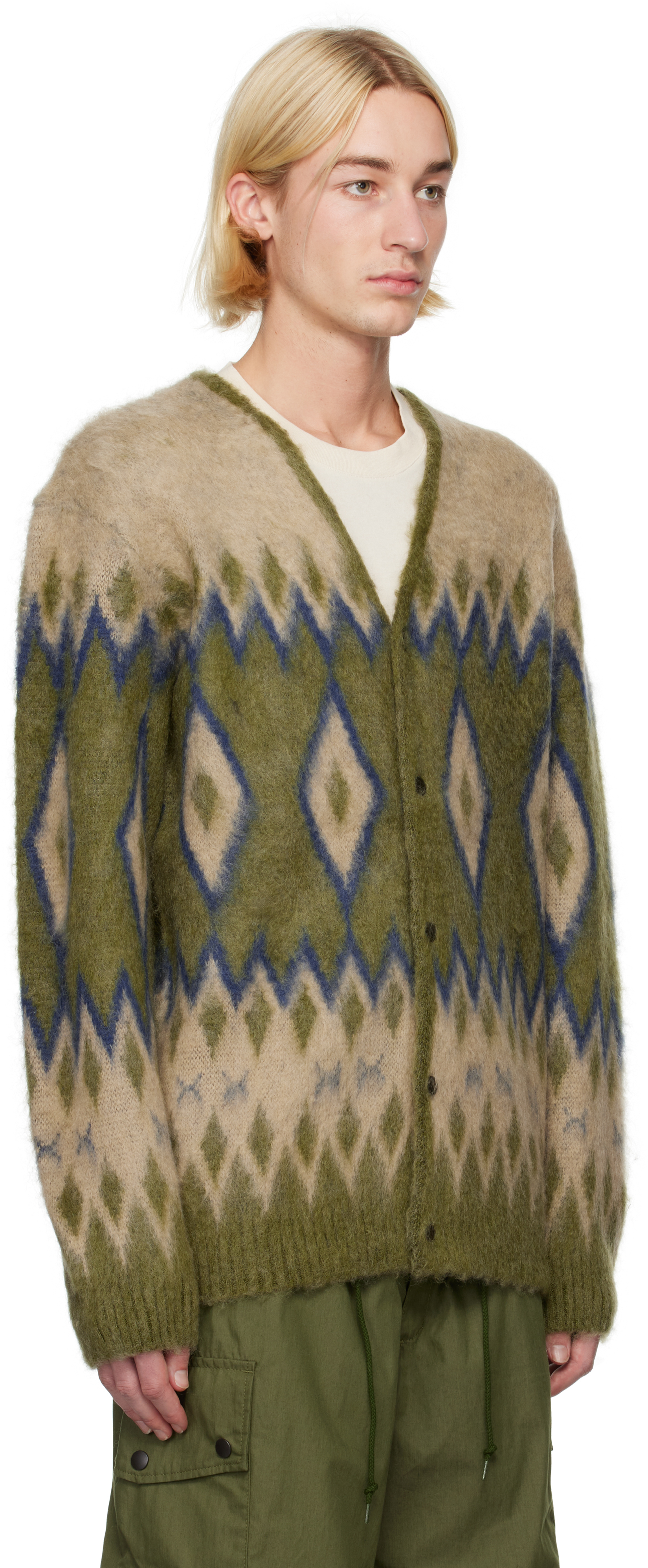 

Кардиган из мохера с узором «ромб» зеленого и бежевого цвета NEEDLES