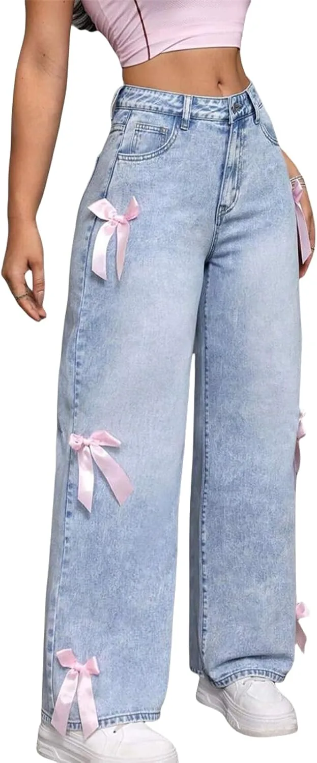 

Джинсы женские с бантом, широкие, завышенная талия, размеры XS~XL