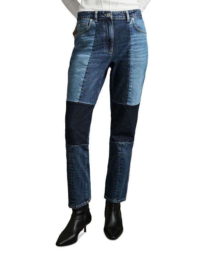 

Брюки джинсовые прямые Mid Rise с заплатками Birch в синем цвете REISS, синий
