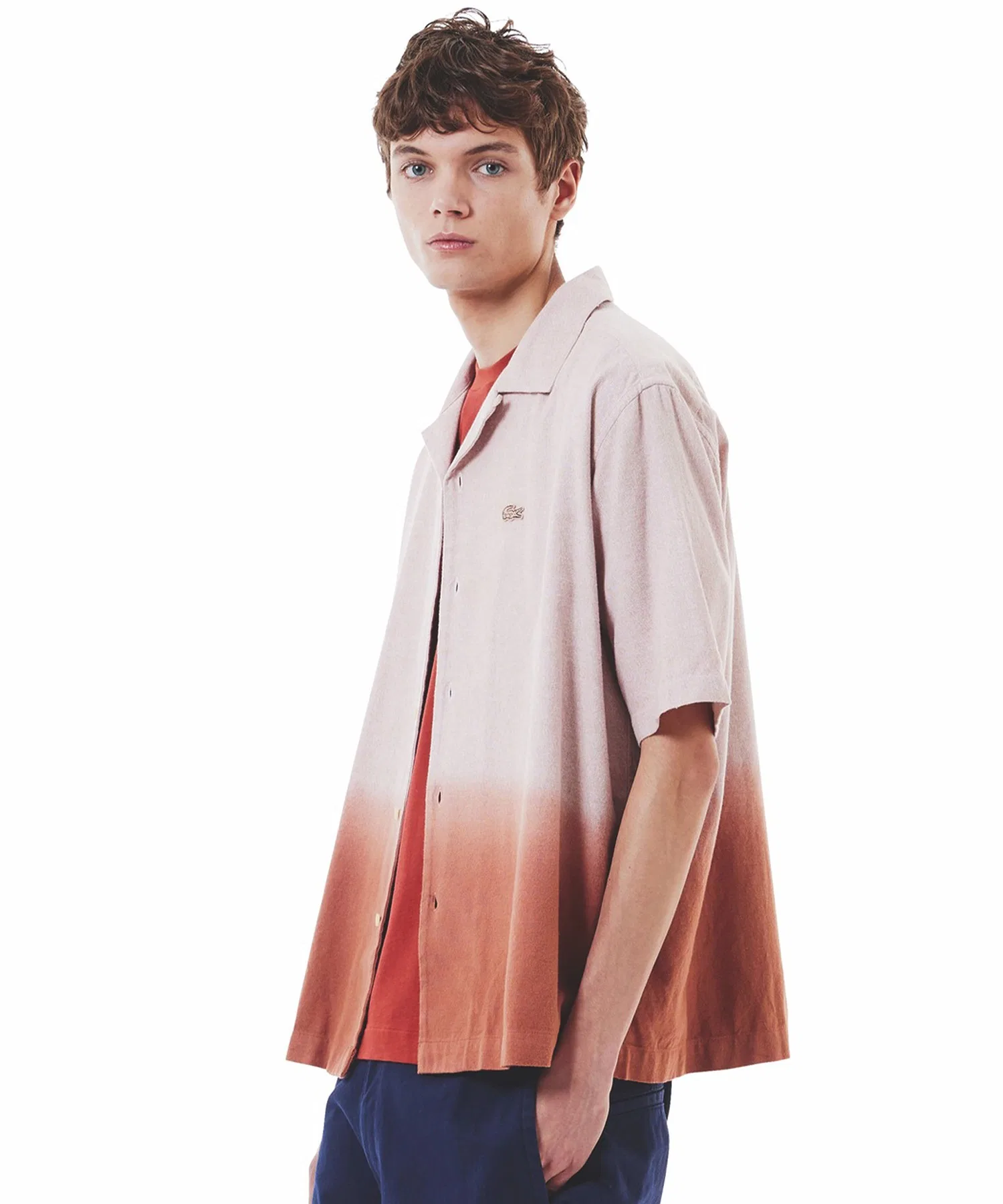 Мужская хлопковая рубашка с градиентным воротником LACOSTE коричневая — фото 4