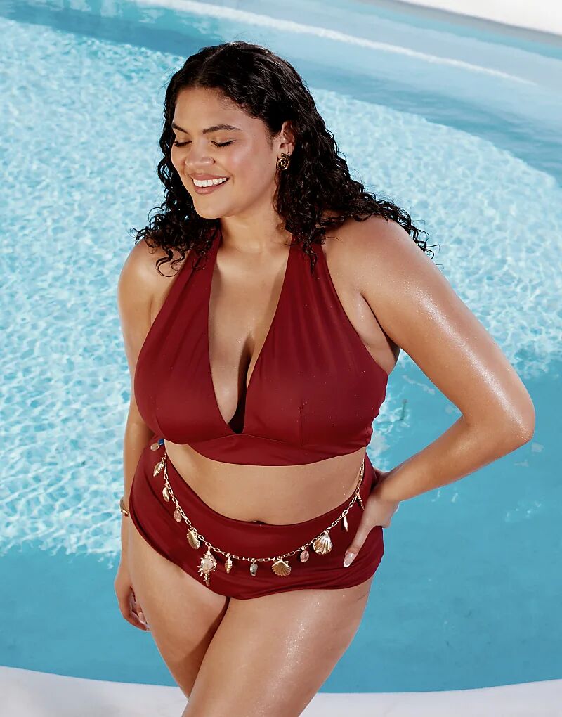 

ASOS DESIGN Curve Maya Элегантный бикини-топ с завязкой на шее бордового цвета, сочетающийся и сочетающийся Asos Curve