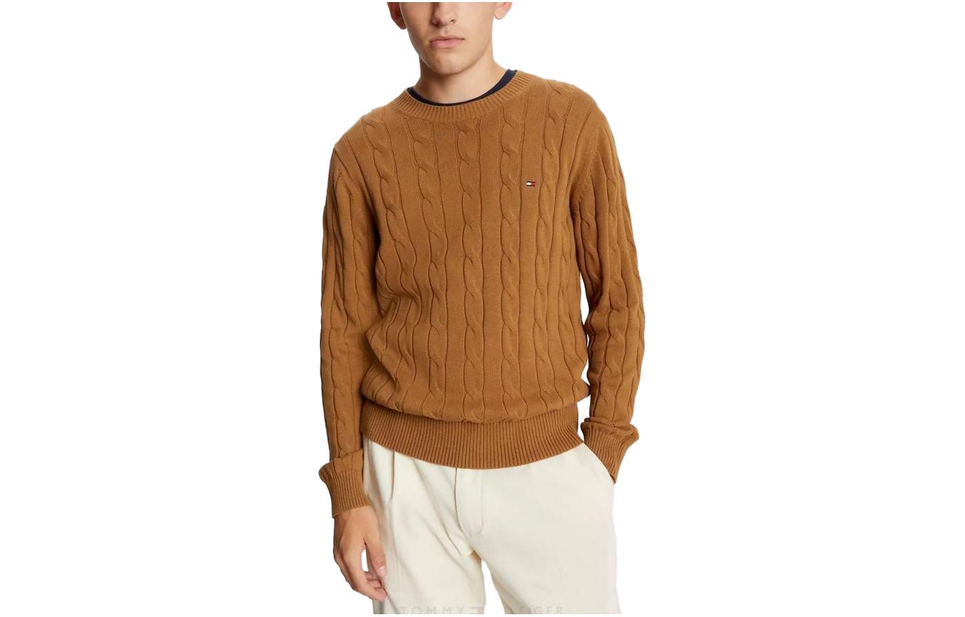 

Свитер мужской с кабельной вязкой и логотипом Flag Tommy Hilfiger, желтый